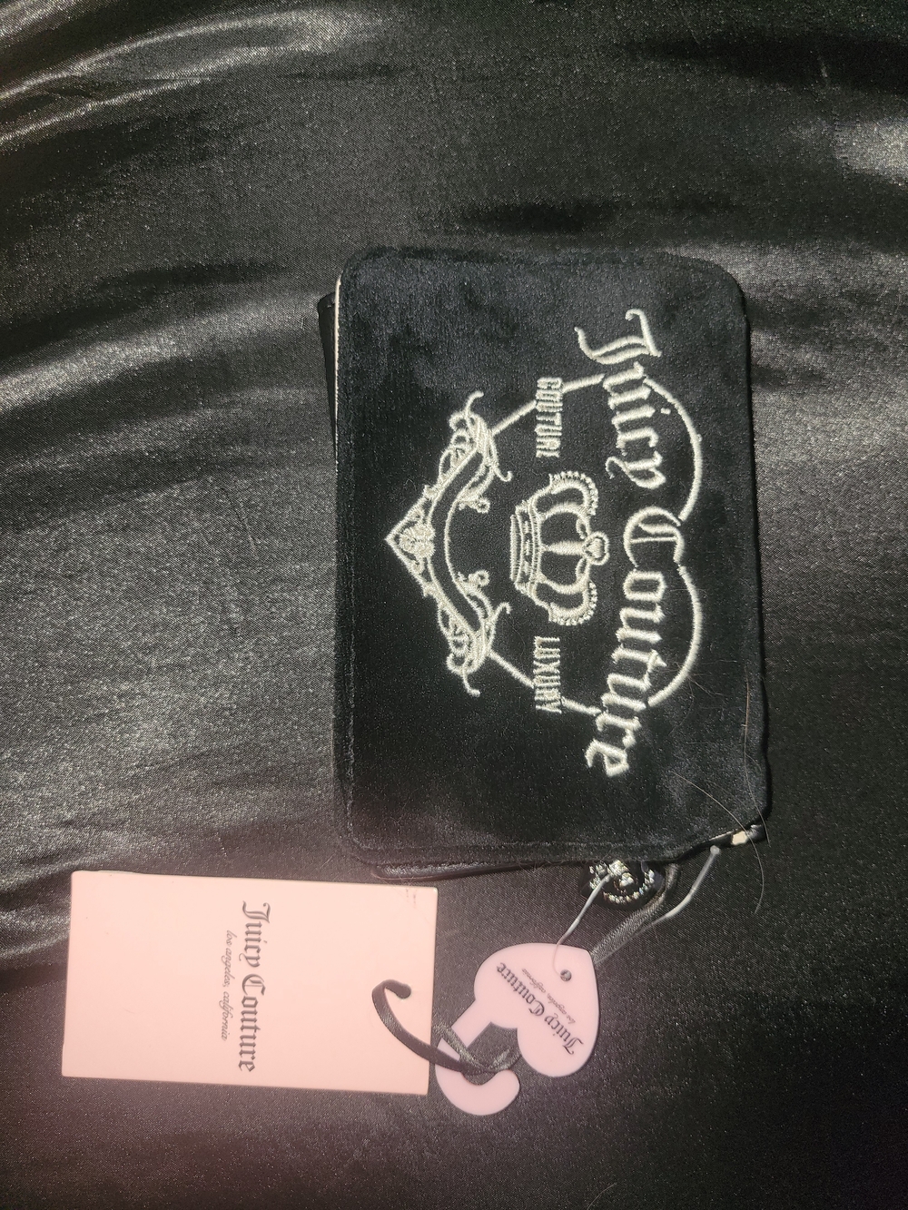 Juicy Couture Black Velvet Logo Wristlet with Pink Tag